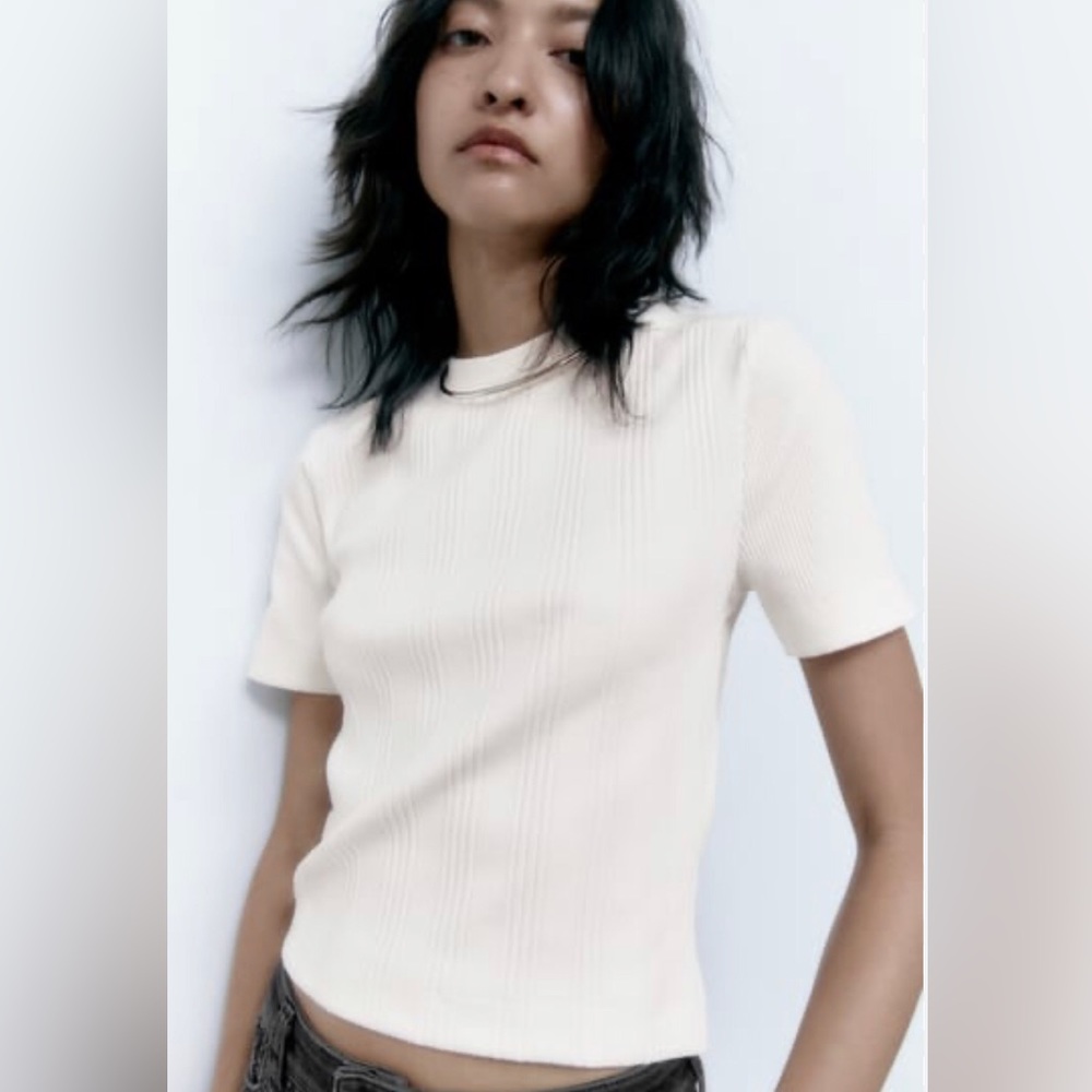Zara Ribbed White T Shirt Size S